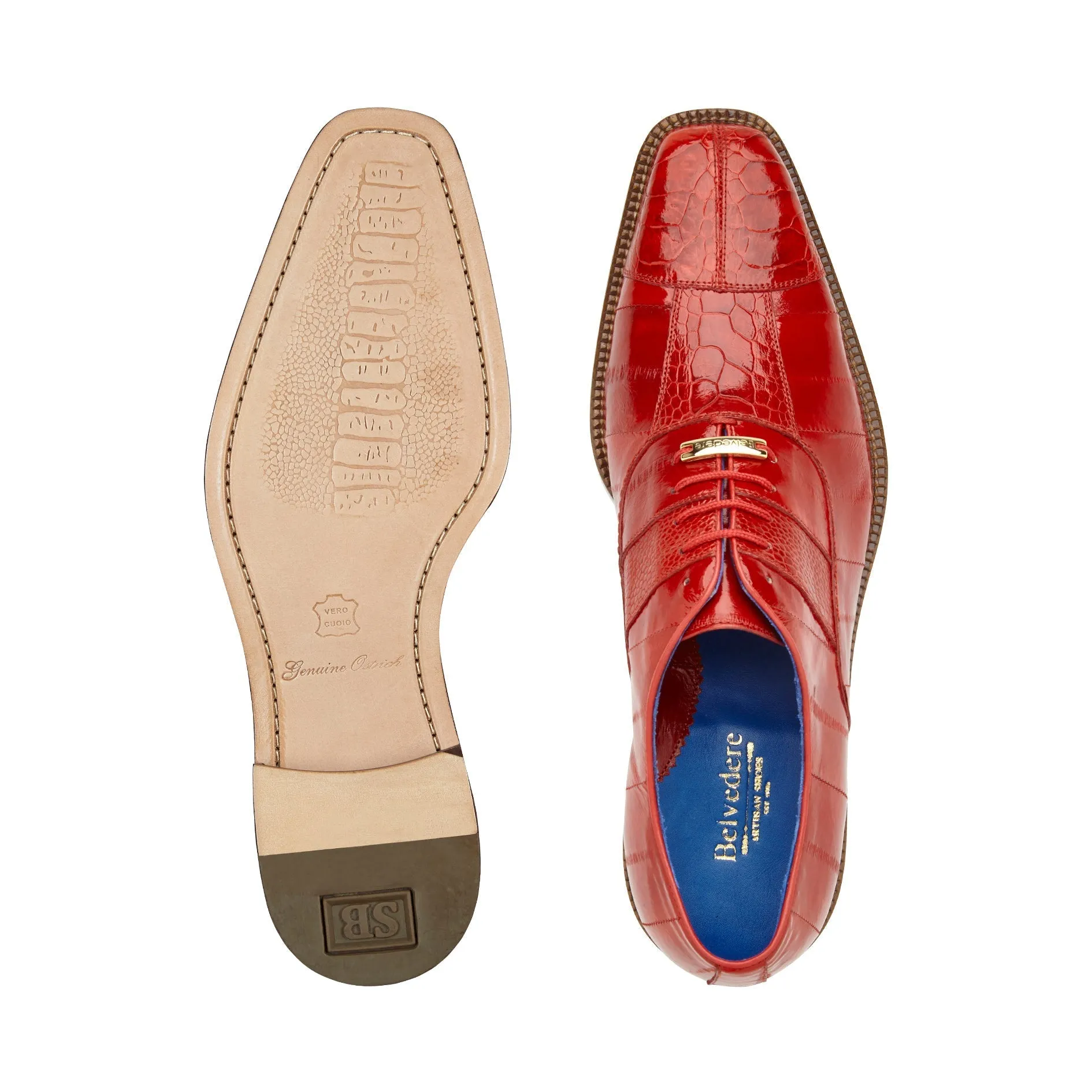 Belvedere Mare 2P7 Shoes Men's Red Genuine Ostrich & Eel Split-Toe Oxfords (BV3103)