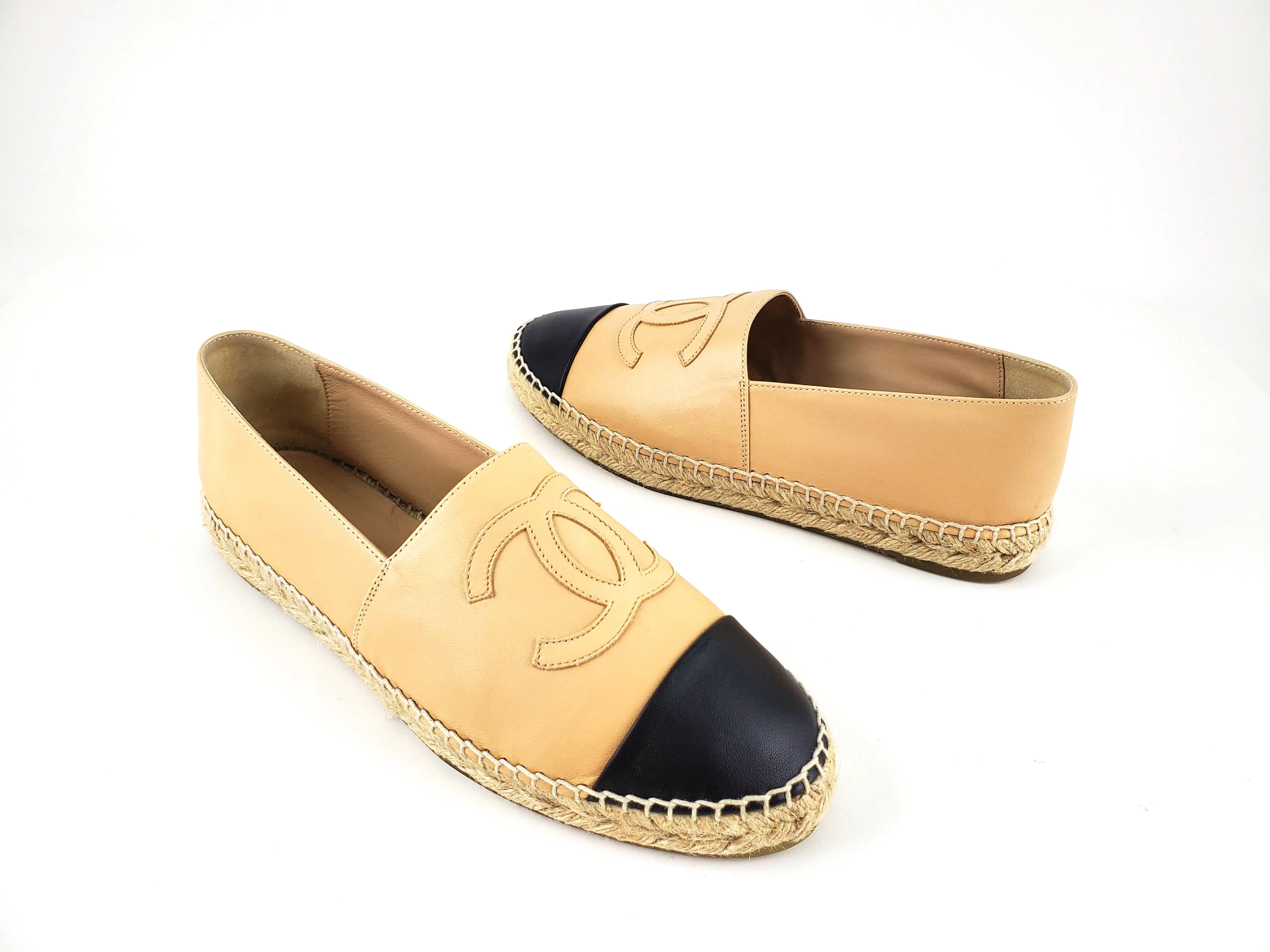 Chanel Beige Black Lambskin Round Toe Espadrilles 41