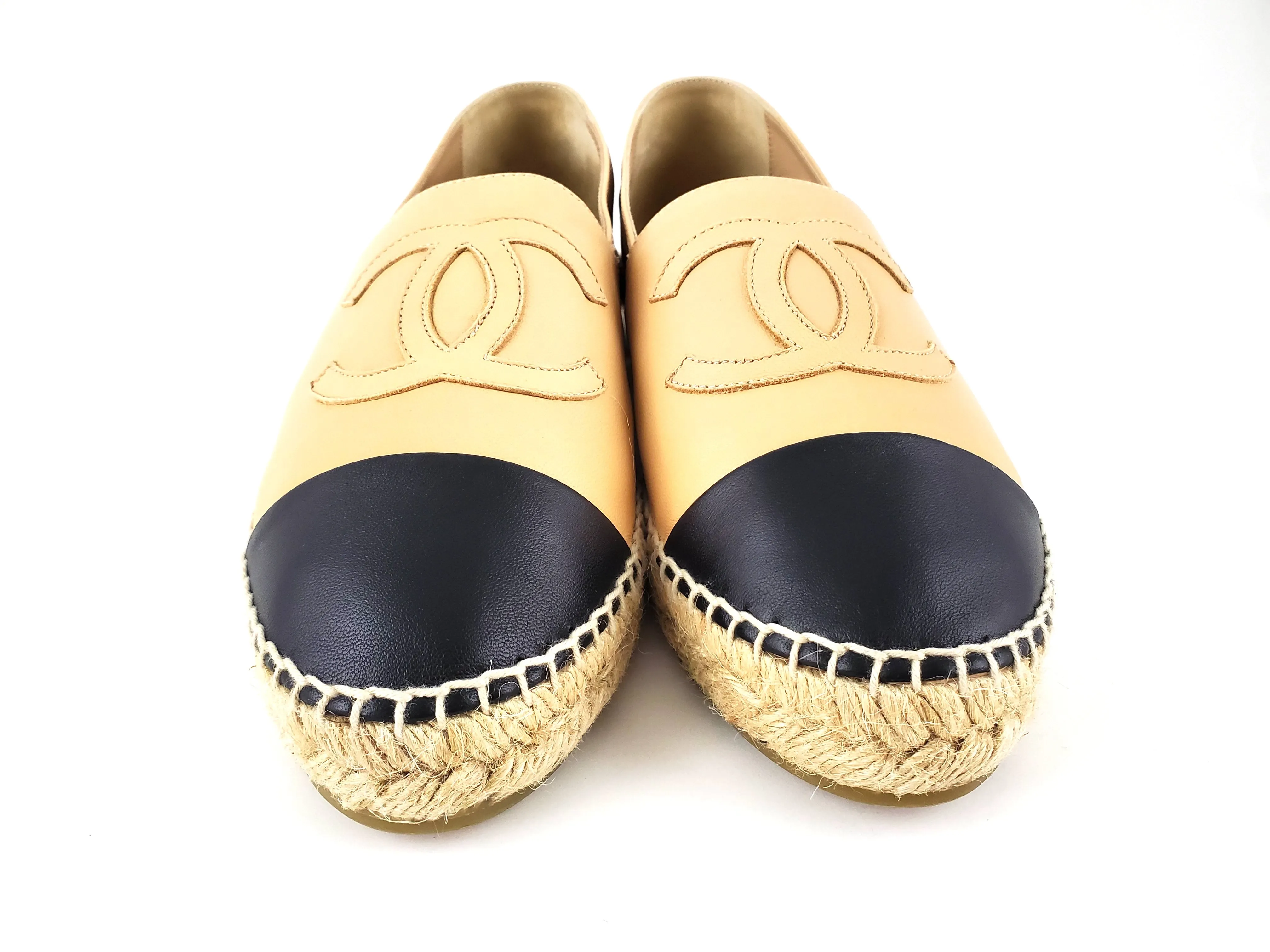 Chanel Beige Black Lambskin Round Toe Espadrilles 41