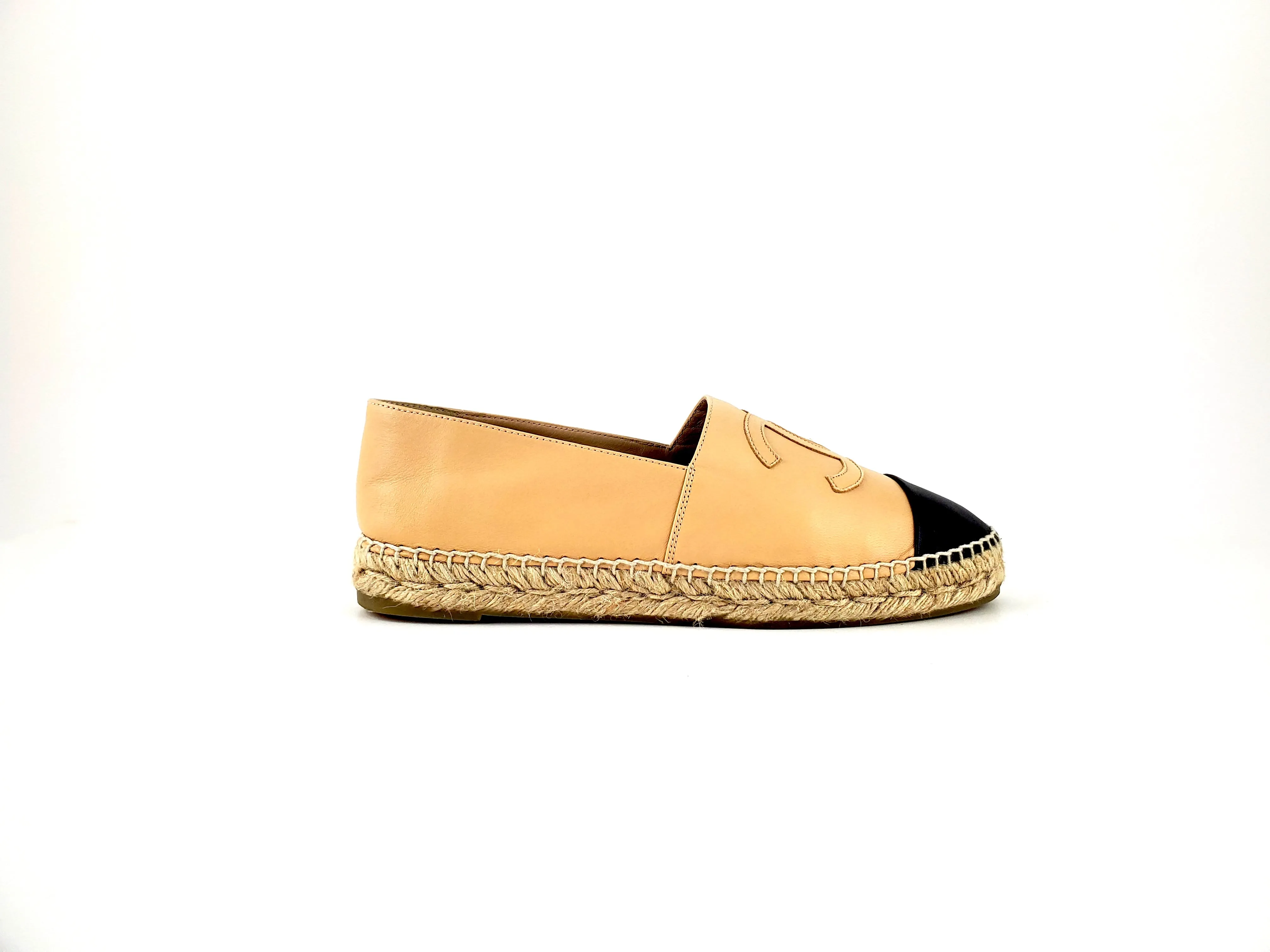 Chanel Beige Black Lambskin Round Toe Espadrilles 41