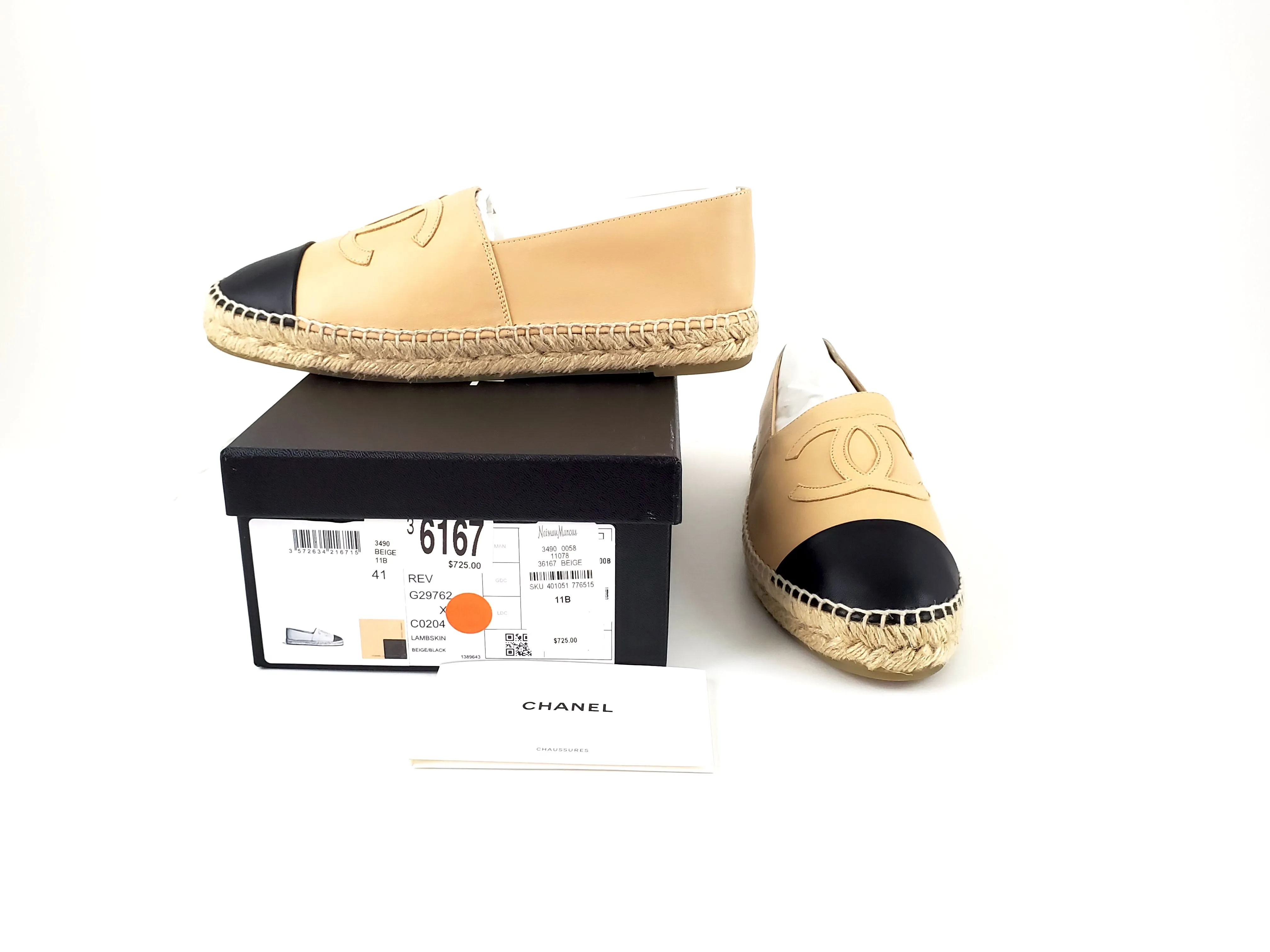 Chanel Beige Black Lambskin Round Toe Espadrilles 41