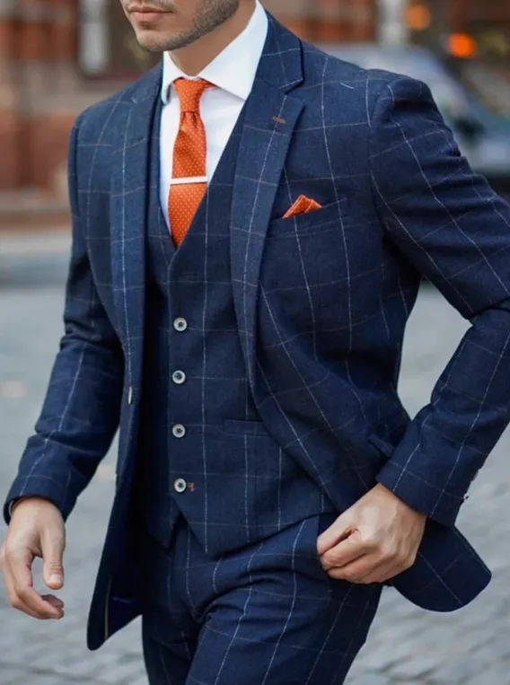Navy 3 Piece Check Slim Fit Tweed Suit Cavani Angels