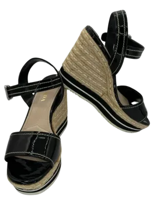 PRADA Black Patent Leather Espadrille Wedge Ankle Strap Sandals