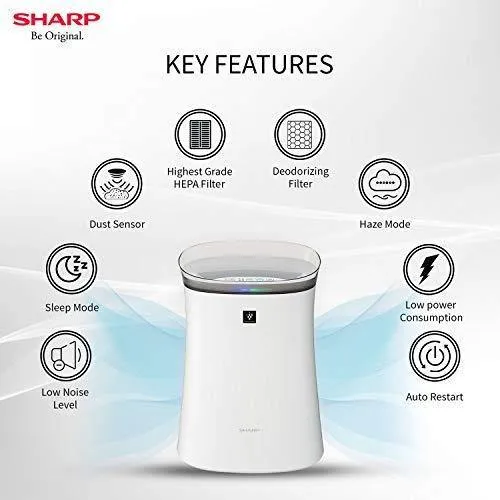 Sharp Air Purifier FP-F40E-W for Homes & Offices | Dual Purification - ACTIVE (Plasmacluster Technology) & PASSIVE FILTERS (True HEPA H14 Carbon Pre-Filter)