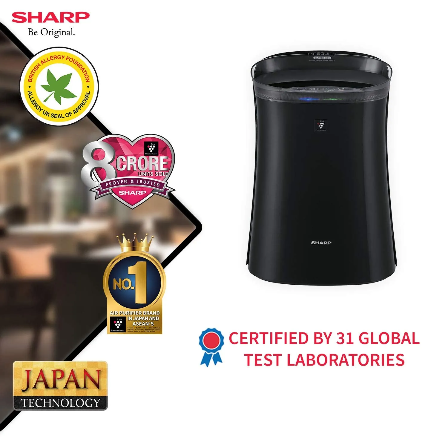 Sharp FP-GM50E-B Air Purifier with Mosquito Catcher | Plasmacluster Ion, H14 HEPA Filter, Haze Mode, Anti-Dust | Coverage up to 450 Sq. Ft | Black