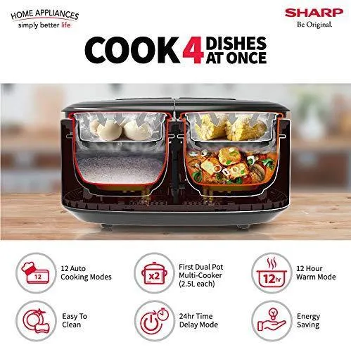 Sharp KN-TC50VI-SL Twin Cooker | 1st Dual Pot Multi Cooker | Smart Temperature Control | 12 Auto Cooking Modes | Silver